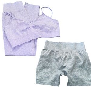 Women's Lavender work out set leggings and sport bra L & green workout shorts